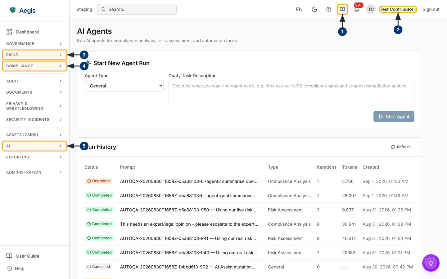 The AI Agents page — the new-run form above the run history table. /ai/agents.