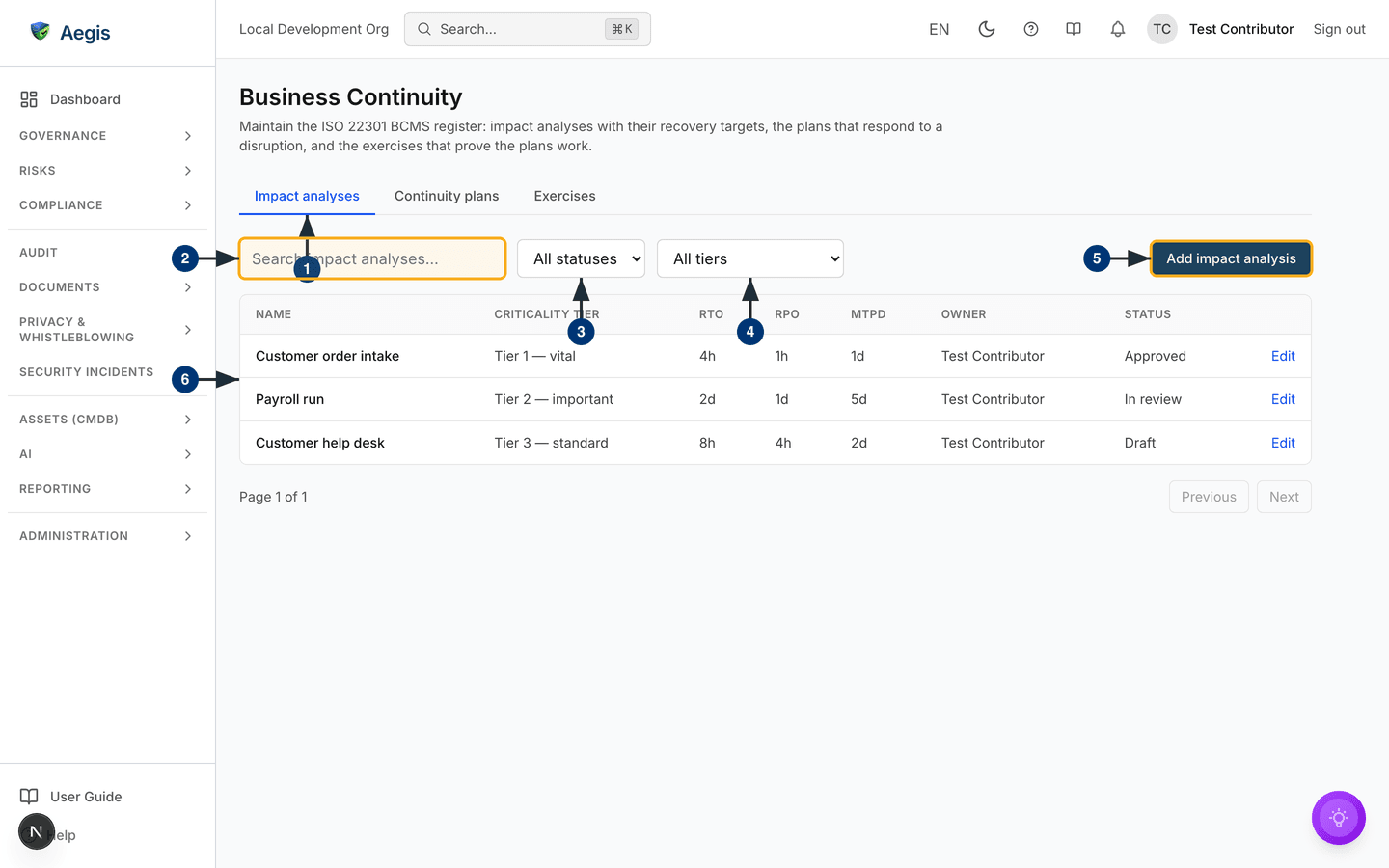 The Business Continuity register on the Impact analyses tab — /continuity.