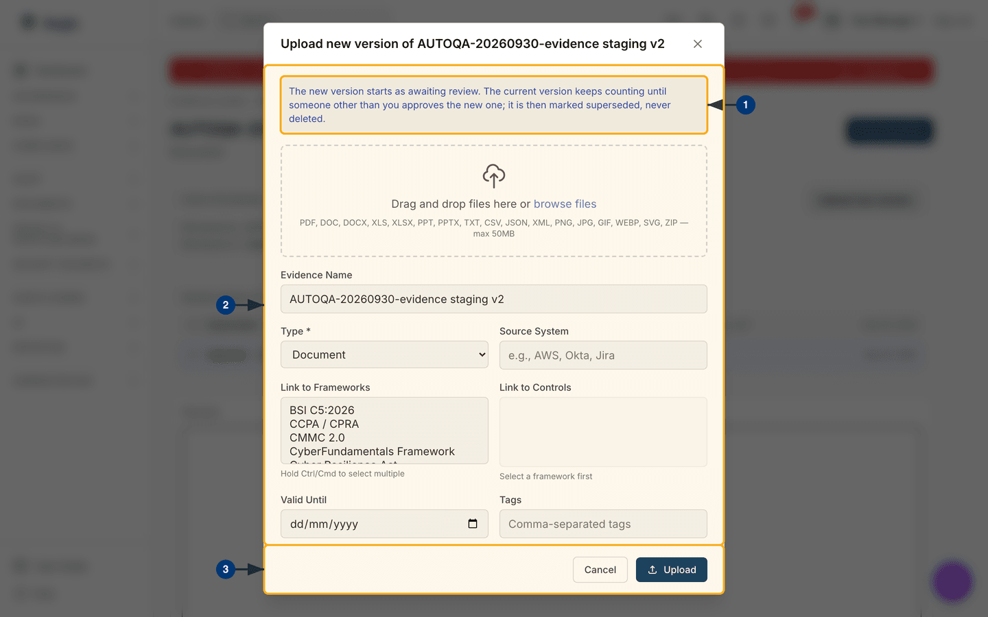 Uploading a new version of approved evidence — /evidence/:id.